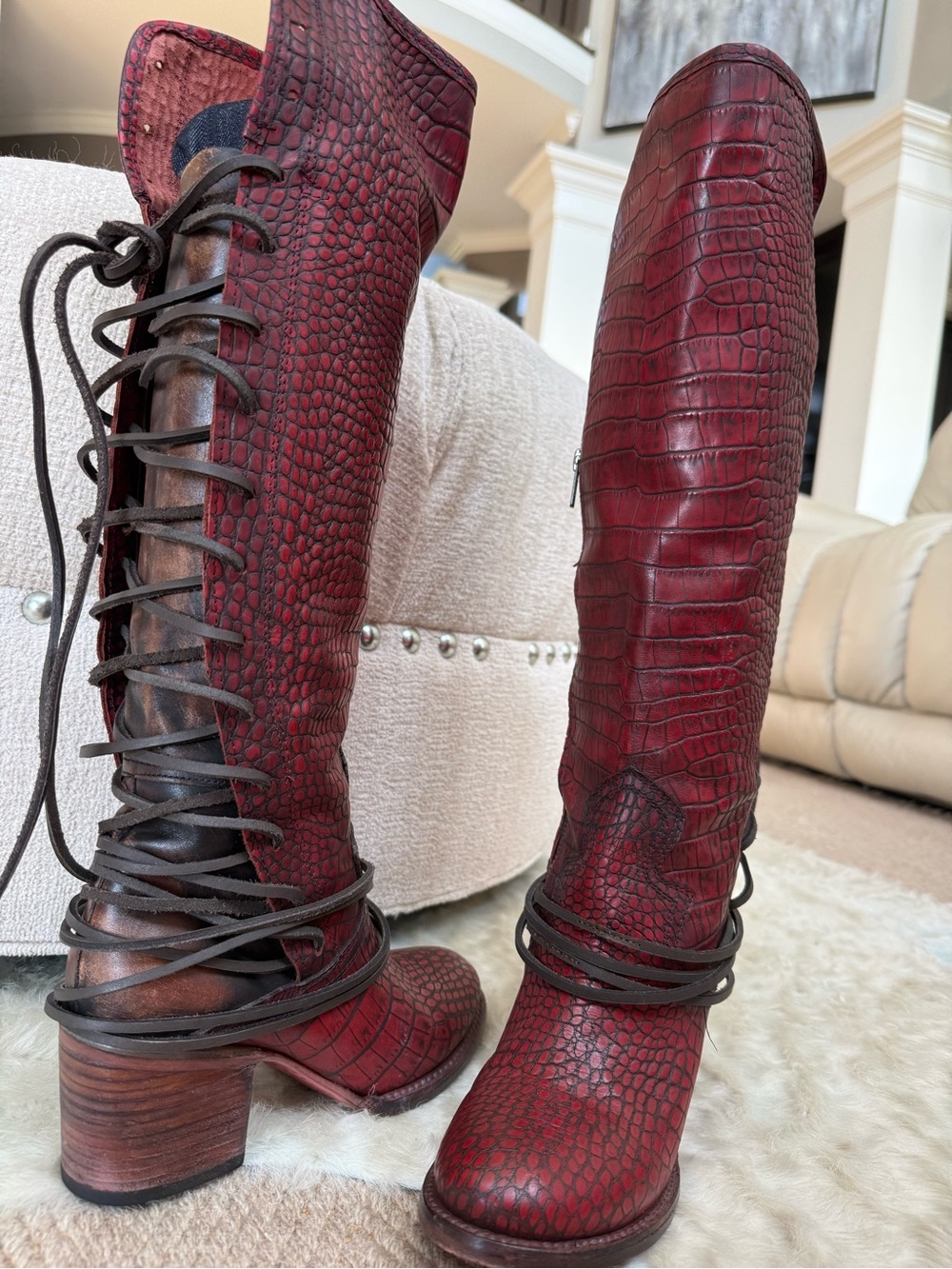 Freebird Leather Women's Red Croc-Embossed Lace-Up Knee Boots